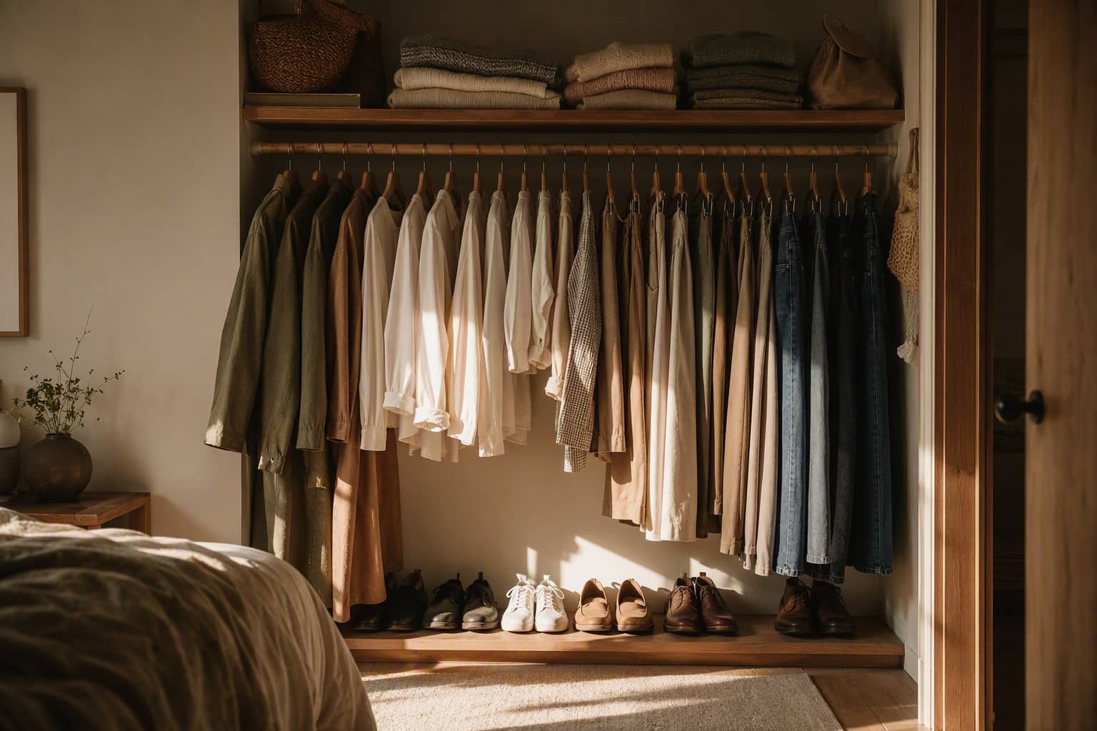 Vestidor con prendas colgadas y ordenadas por zonas