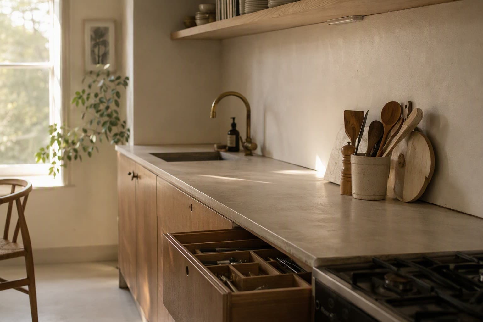 Cocina con encimera despejada y zonas de trabajo definidas