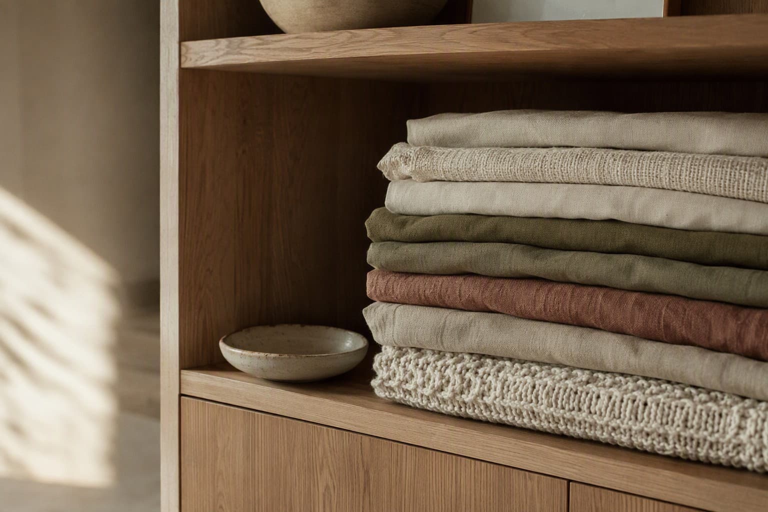 Detalle de textiles doblados sobre un estante de madera