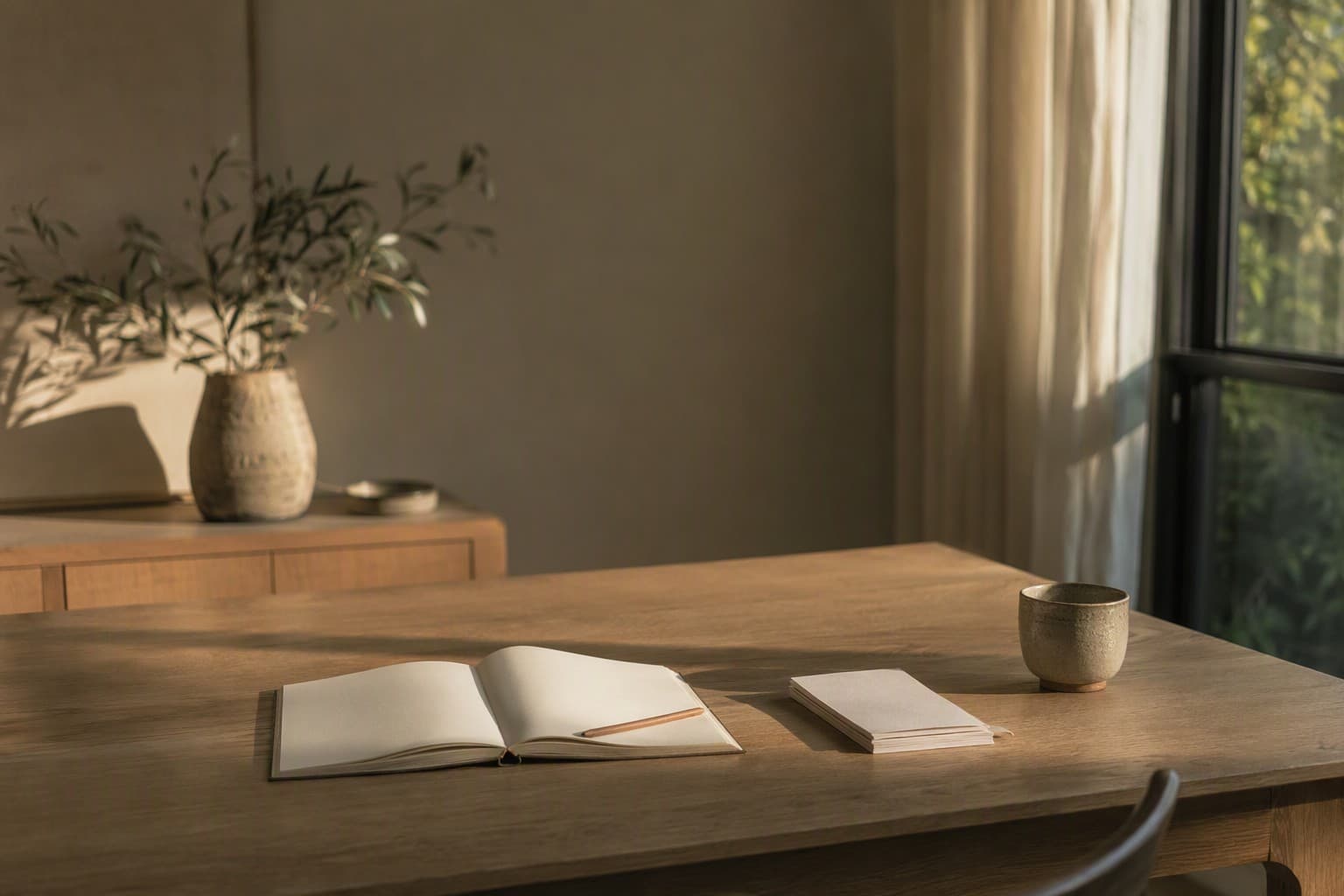 Escritorio despejado con cuaderno abierto y luz natural