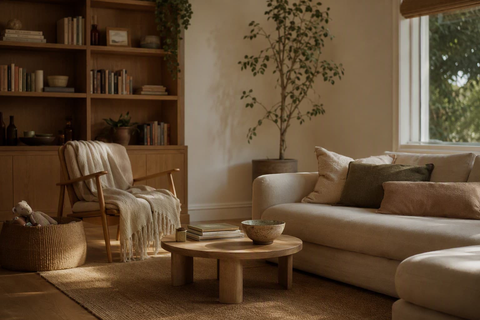 Salón habitado con estantería, textiles y plantas