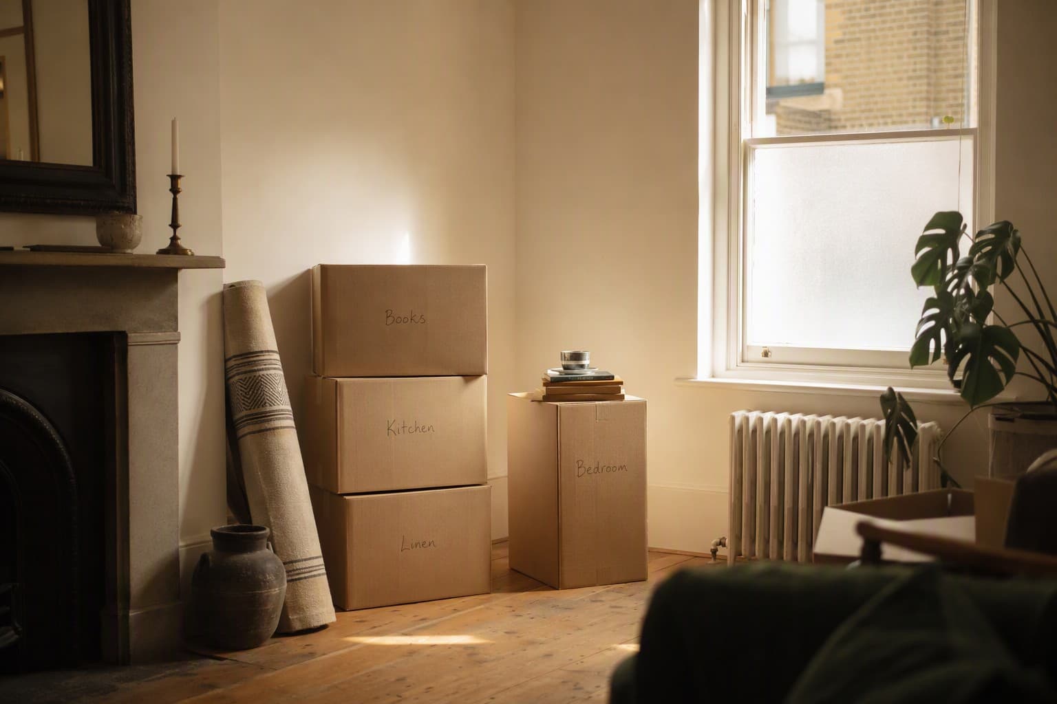 Cajas de cartón etiquetadas en una habitación en transición