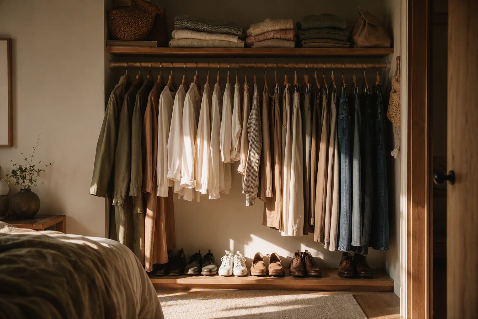 Vestidor con prendas colgadas y ordenadas por zonas