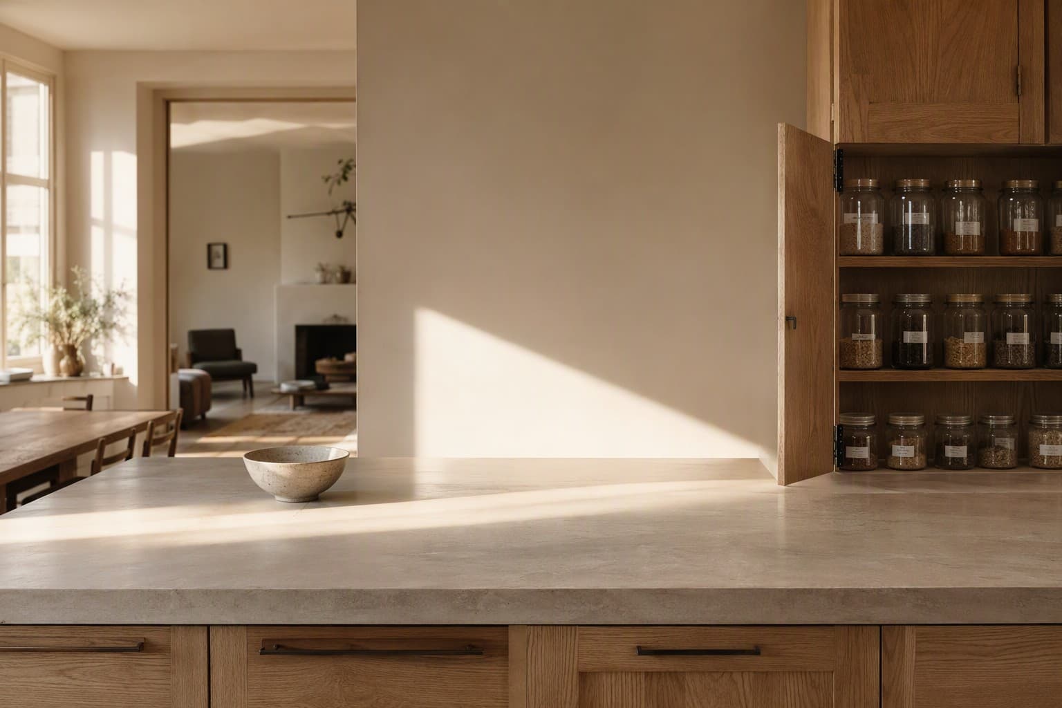 Cocina abierta con encimera despejada y alacena a la vista