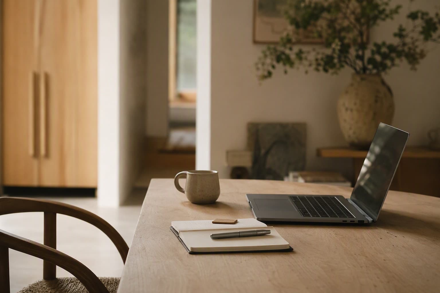 Portátil abierto sobre una mesa clara junto a un cuaderno